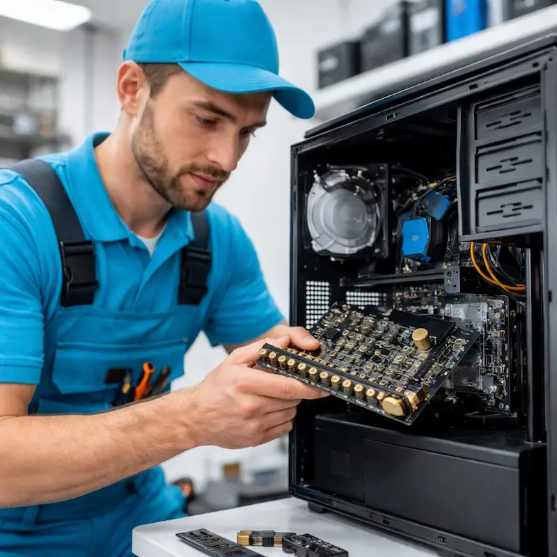 Мастер устанавливает звуковую карту на ПК в Дубне